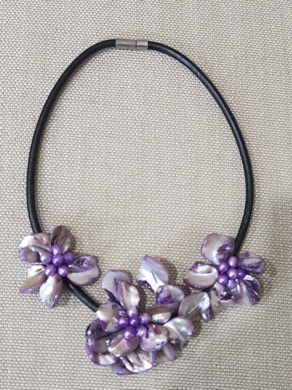 Purple Enamel Flowers on Faux Black Leather Bib Statement Necklace 17"